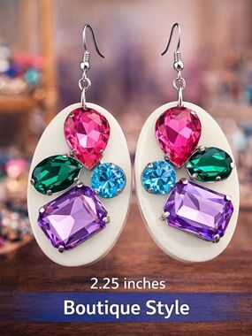 Paparazzi Colorful Gem Earrings White Oval Dangles 2.25”